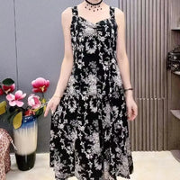 Fashion V-Neck Folds Slip Midi Dress Casual Summer Vintage Broken Flowers Commute Female Clothing Elegant A-Line Waist Dresses