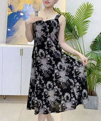 Fashion V-Neck Folds Slip Midi Dress Casual Summer Vintage Broken Flowers Commute Female Clothing Elegant A-Line Waist Dresses