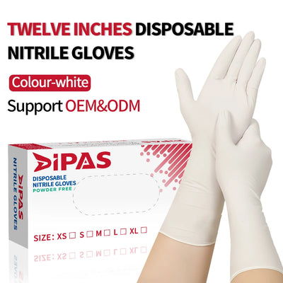 Heavy Duty Nitrile Gloves – 12" White 5.6mil Extra Long Powder-Free Latex-Free 100pcs/Box XS–XL