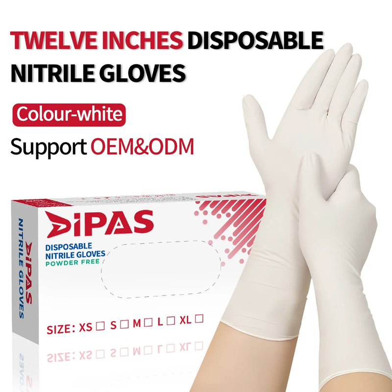 Heavy Duty Nitrile Gloves – 12" White 5.6mil Extra Long Powder-Free Latex-Free 100pcs/Box XS–XL