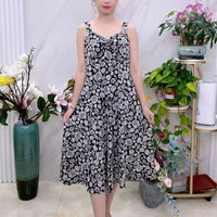 Fashion V-Neck Folds Slip Midi Dress Casual Summer Vintage Broken Flowers Commute Female Clothing Elegant A-Line Waist Dresses