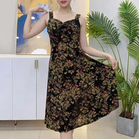 Fashion V-Neck Folds Slip Midi Dress Casual Summer Vintage Broken Flowers Commute Female Clothing Elegant A-Line Waist Dresses