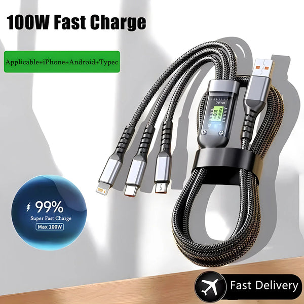 100W 3-in-1 Fast Charging Cable with LED Power Display (1.2m)