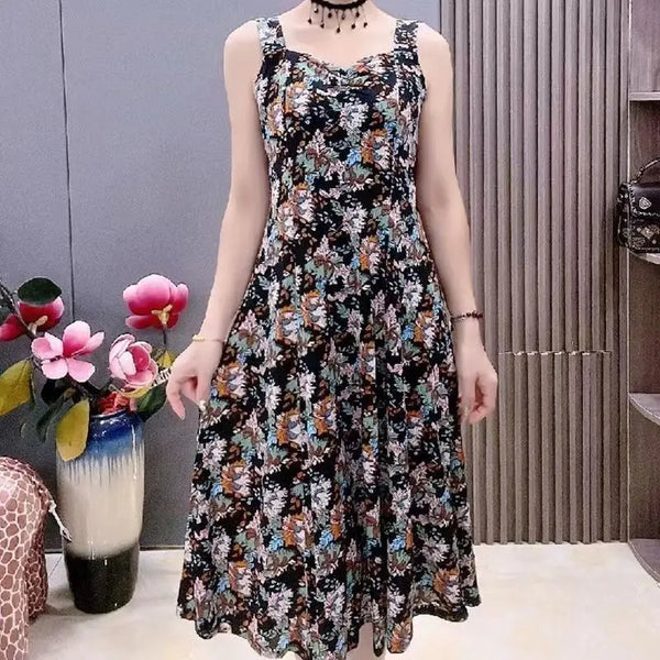 Fashion V-Neck Folds Slip Midi Dress Casual Summer Vintage Broken Flowers Commute Female Clothing Elegant A-Line Waist Dresses
