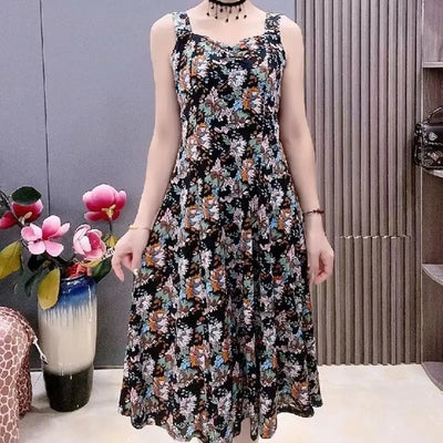 Fashion V-Neck Folds Slip Midi Dress Casual Summer Vintage Broken Flowers Commute Female Clothing Elegant A-Line Waist Dresses