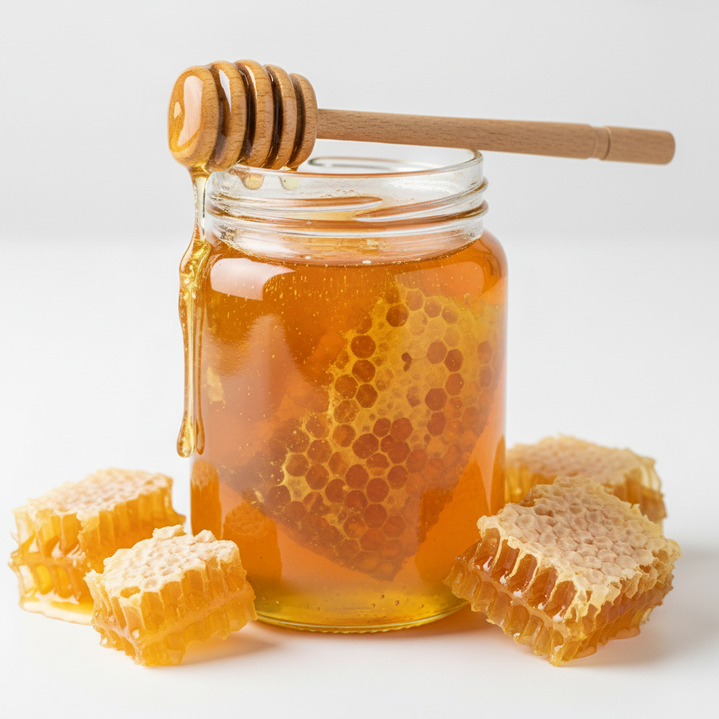 Jar of golden organic honey with honeycomb