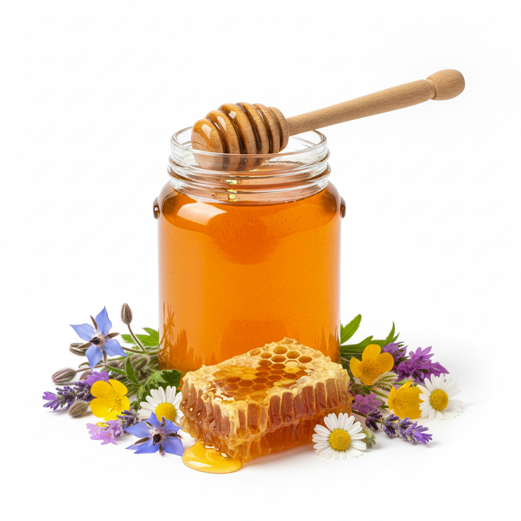 Jar of golden organic honey with honeycomb